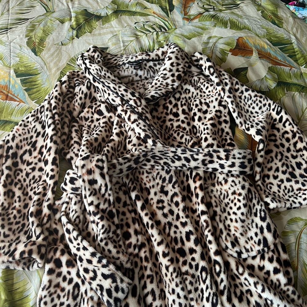 Victoria’s Secret short leopard print Terry cloth robe.